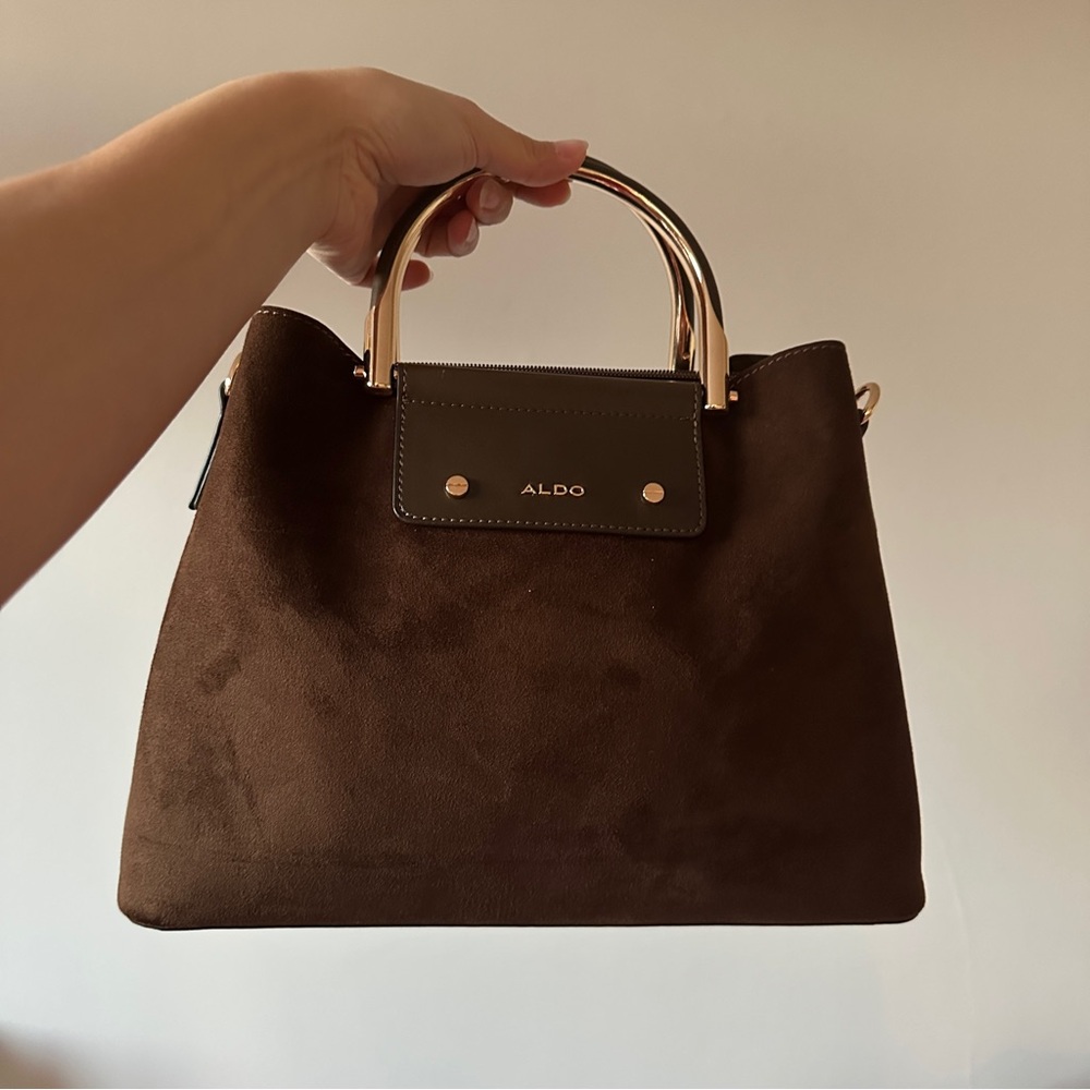 Aldo Brown Suede Satchel with Metallic Handles
